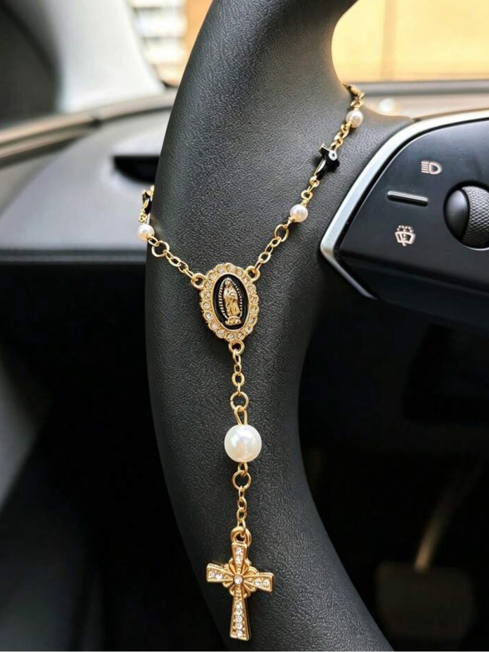 1pc Pink Pearl Cross Steering Wheel Rosary Ornament, Rosary Car Pendant Accessor